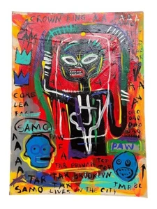 JEAN MICHEL BASQUIAT-POSTCARD PAINTING ON CARDBOARD-SIGNED - Picture 1 of 2