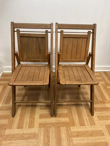 Vintage Wood FOLDING CHAIR PAIR dining wedding church slat antique bistro wooden Cover