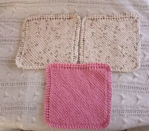 New Hand Knit Washcloths Lot Of 3, 100% Cotton - Picture 1 of 5