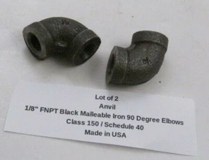 Lot of 2 ANVIL 1/8" NPT Black Malleable Iron 90 Degree Elbows - Made in USA - - Picture 1 of 3