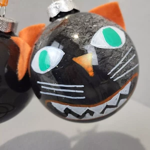 2 Large Glass Balls Vintage Style Black Cat Halloween Ornament OOAK - Picture 1 of 10