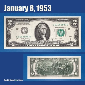 January 8, 1953 Birthday Anniversary $2 Two Dollar Bill Serial Number 01081953 - Picture 1 of 2