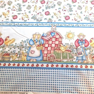 Vtg DIANNA MARCUM Farm Americana Chicken Border  Print Fabric 36" X 44" Gingham  - Picture 1 of 7