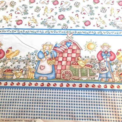 Vtg DIANNA MARCUM Farm Americana Chicken Border  Print Fabric 36" X 44" Gingham  - Image 1 of 4