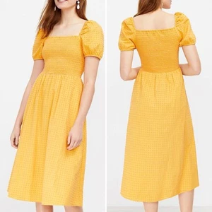 LOFT Petite Clip Smocked Puff Sleeve Pocket Midi Dress Women Small, warm papaya - Picture 1 of 13
