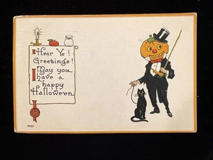 Gebrauchte 1914 Halloween Postkarte Kürbis Mann im Smoking, mit Katze - Bild 1 von 2