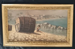 Scuola Napoletana ( XX secolo) paesaggio marino olio su masonite - Foto 1 di 9