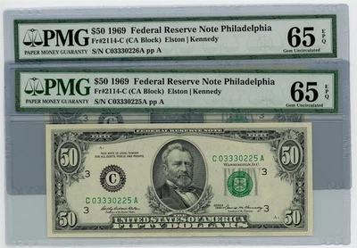 Fr. 2114-C $50 1969 Federal Reserve Note 2 Consecutive 65 EPQ PMG DC-2593 - Image 1 of 3