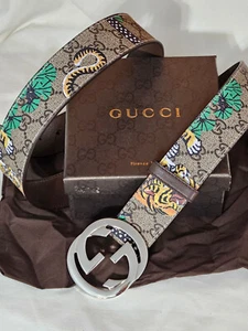 Mens Gucci Tiger Belt Brown Monogram Silver Size Size 30-32 - Picture 1 of 16