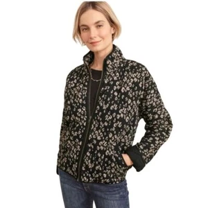 Garnet Hill Cheetah Quilted Bomber Jacket XL Black Tan Zip Front 100% Cotton - Picture 1 of 15