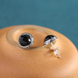 I03 Boucle D'Oreille Goujon Agate Noir à Facettes Argent 925 Lettre " S " - Imagen 1 de 7