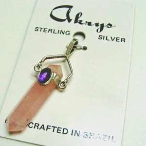 Colgante de cristal de cuarzo rosa rle con cabina de amatista piedra natural con plata esterlina - Imagen 1 de 3