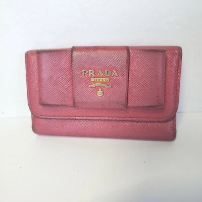 PRADA Leather Logo Wallet Small Pink Saffiano Compact Key Case Hooks Holder Bow - Image 1 of 4