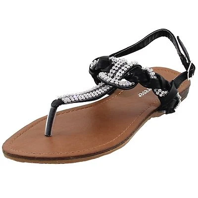 Nuevo Mujer Zapatos Sandalias T Correa Hebilla Estrás Detalles Casual Fiesta Negro Foto 1 de 4