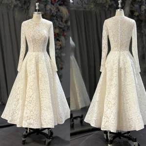 Short Vintage Wedding Dresses Long Sleeves Lace Applique Tea Length Bridal Gowns - Picture 1 of 15