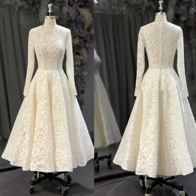 Short Vintage Wedding Dresses Long Sleeves Lace Applique Tea Length Bridal Gowns - Image 1 of 4