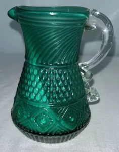 Vtg Aquamarine Art Glass Mini Pitcher Swirl diamond Pattern Clear Glass Handle - Picture 1 of 4