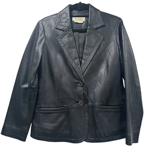 Margaret Godfrey Womens Leather Two Button Leather Blazer Jacket Black Size 12P - Picture 1 of 8