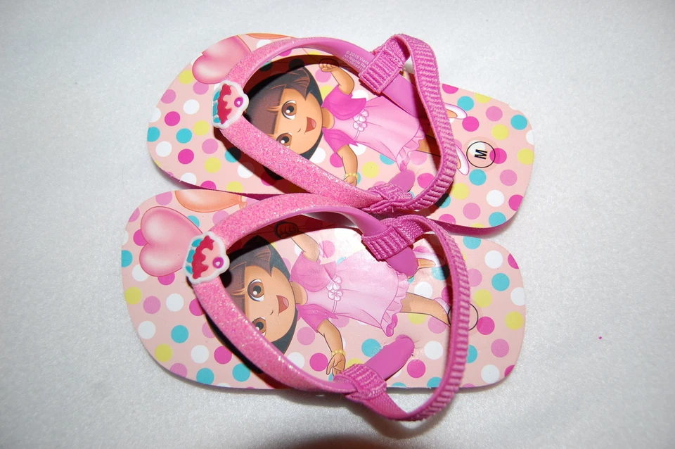Toddler Baby Girls PINK DORA FLIP FLOPS Ankle Strap CUPCAKE GLITTER Hearts M 7-8 - Image 1 of 1