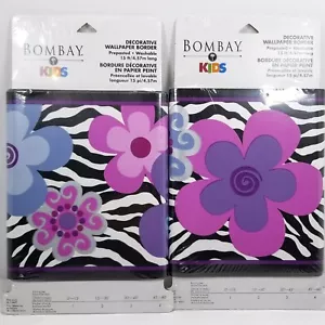 SET OF 2 Bombay Kids FLOWERS ZEBRA STRIPE Wallpaper Border Prepasted 15ft./4.57m - Picture 1 of 5