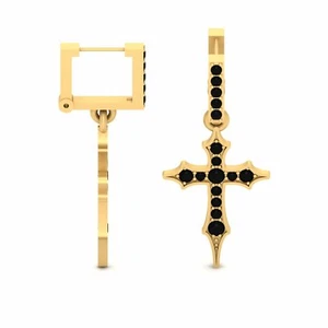 Religious Holy Cross Hoop Earrings Black Onyx Cross Earrings 925 Sterling Silver - Picture 1 of 7