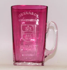 Badeglas mit Henkel Ungarn Gyógyforrás Rosa überfangen H. 13,7 cm - Picture 1 of 13