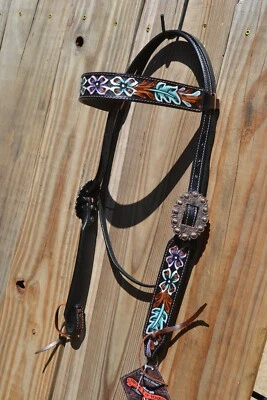 Circle Y 5/8" 2021 Black Hand Painted Teal & Purple Floral Browband Headstall  - Image 1 of 3