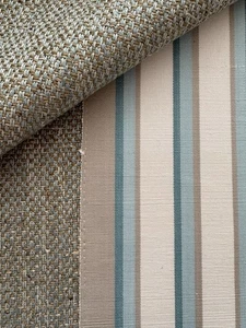 NINA CAMPBELL "FURSDON" Aqua/Tan basketweave with stripe trim-$210-27.25"Wx35"L - Picture 1 of 7