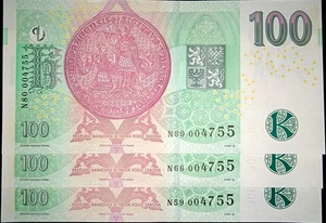 100 Korun Czech Republic UNC 2018, THREE SAME NUMBERS, S. N59/66/80, Pick #18 - Picture 1 of 3