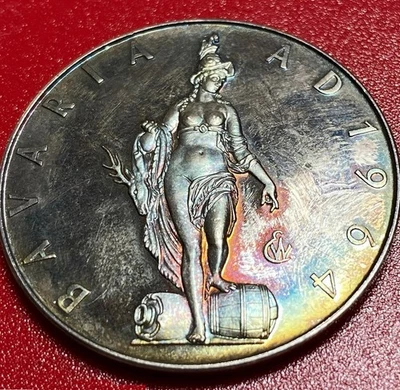 1964 GERMANY ARGENTEUS 1 DUCAT RAINBOW TONED SILVER GEM PROOF PATRON BAVARIA RRR - Image 1 of 4