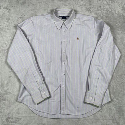 Camisa Ralph Lauren para mujer a rayas con botones púrpura verde calce ajustado talla 12 algodón Foto 1 de 4