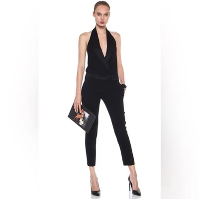 Haute Hippie 100% Silk Tuxedo Style Halter Neck Low Back Jumpsuit Size 10 - Image 1 of 4