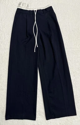 Nuevo con etiquetas Pantalones Zara Doble Cintura Pierna Ancha XS Azul Marino Oscuro Pantalón Cordón Pliegues Foto 1 de 4