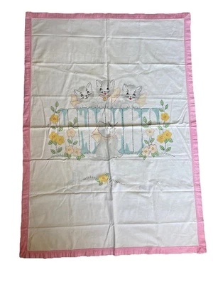 Hand Made & Hand Embroidered Kittens '60s Vintage Crib Sheet Blket W/Pink Border - Image 1 of 4