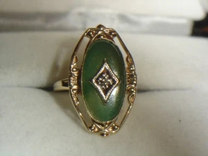ANTIQUE CHRYSOPRASE, DIAMOND RING 14K - Picture 1 of 4