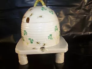 Vintage Belleek Kleeblatt Honigtopf & Ständer 7. Mark Gold 1980-1992 makellos - Bild 1 von 8