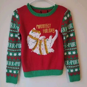 Kitty Ugly Christmas Sweater Girls Large It's Our Time Holiday Party Fuzzy Cozy - Picture 1 of 6