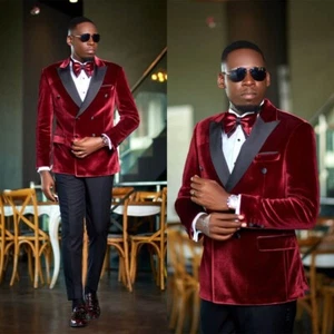 Burgundy Velvet Mens Jacket Double Breasted Coat for Groom Wedding Business Wear - Picture 1 of 22
