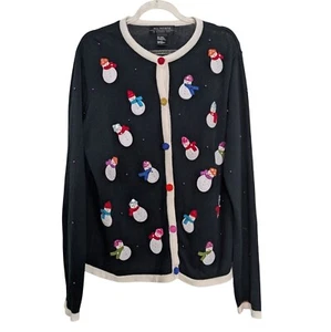 All Points Snowman Cardigan Womens Size Large Black Beaded Christmas Winter - Picture 1 of 13