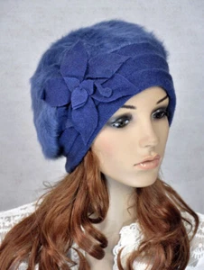 Sombrero de invierno de piel de conejo sintético para mujer gorro gorra linda hoja flores azul - Imagen 1 de 3