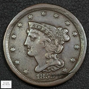 1855 Braided Hair Copper Half Cent 1/2C - Damage - Picture 1 of 3