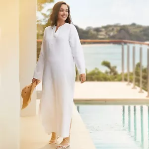 NWT Lands End Embroidered Linen Long Sleeve Caftan White Maxi Dress Linen Size L - Picture 1 of 7