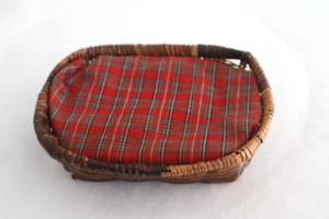 Miniature Dollhouse Size Rattan Dog Bed Plaid Cover 3 1/2" x 4 1/2" - Picture 1 of 3