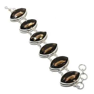 Smoky Quartz Gemstone Bracelet Adjustable Chain Marquise Shape Unique Jewelry 8" - Image 1 of 4