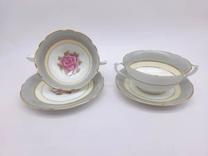 Set of 2 Coalport Vintage Romance Gray Rim Pink Rose Two Handle Bowl and Saucer - Picture 1 of 9