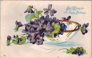 1908 Embossed Postcard With Pansies In A Bowl-BEST WISHES FOR A HAPPY BIRTHDAY - Picture 1 of 2