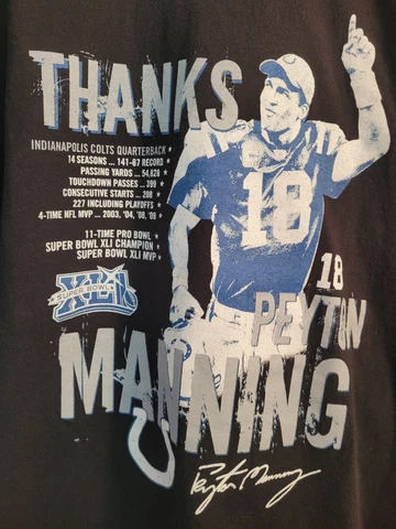 Indianapolis Colts 18 Peyton Manning Super Bowl XLI 2007 T Shirt Reebok 2XL Cover