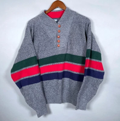 Suéter Henley Lands' End Años 90 De Colección Adulto Grande Gris Rojo Verde Rayas Hecho en EE. UU. Foto 1 de 4