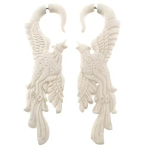 Huge Fake Gauge White Bison Bone Phoenix Bird Carving Post Earrings, 4" - Picture 1 of 2