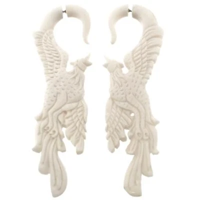 Enormes pendientes de poste tallado pájaro fénix hueso bisonte blanco calibre falso, 4" Foto 1 de 2